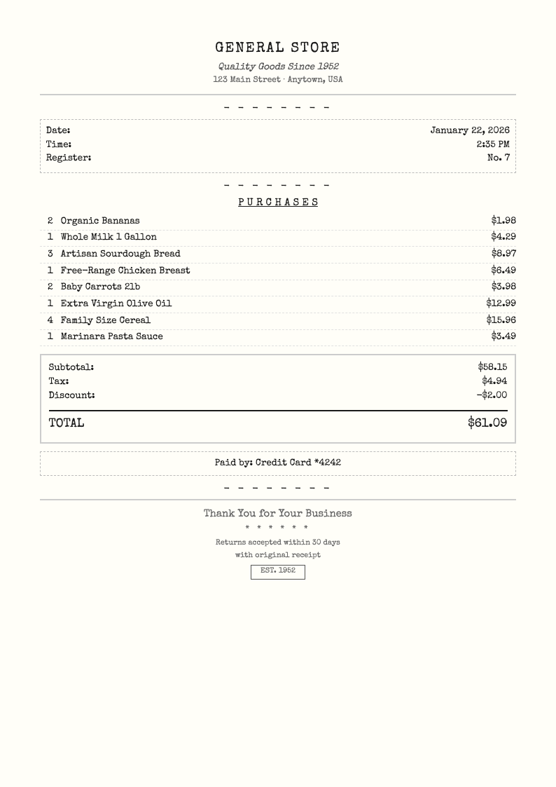 Classic typewriter receipt
